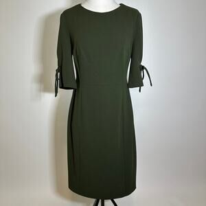 NWT Connected Apparel Olive Green Tie Scuba Crepe Sleeve Sheath Dress Womens 4